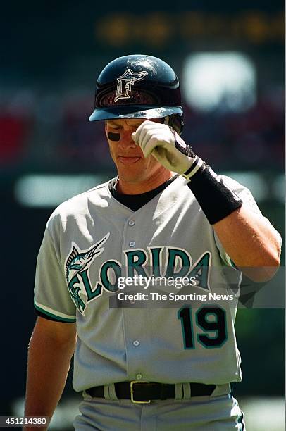 Jeff Conine of the Florida Marlins looks on against the St. Louis Cardinals at Busch Stadium on May 1, 1997 in St. Louis, Missouri. The Cardinals...