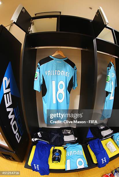 The shirt worn by Noel Valladares of Honduras hang in the dressing room prior to the 2014 FIFA World Cup Brazil Group E match between Honduras and...