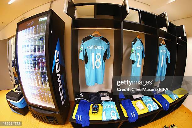 The shirt worn by Noel Valladares of Honduras hang in the dressing room prior to the 2014 FIFA World Cup Brazil Group E match between Honduras and...