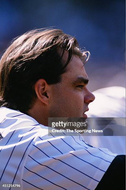 Dante Bichette of the Colorado Rockies looks on against the Houston Astros at Coors Field on September 15, 1996 in Denver, Colorado. The Rockies...