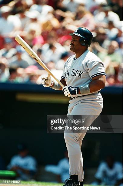 Cecil Fielder of the New York Yankees looks on against the Kansas City Royals on May 4, 1997 at Kauffman Stadium in Kansas City, Missouri. The...