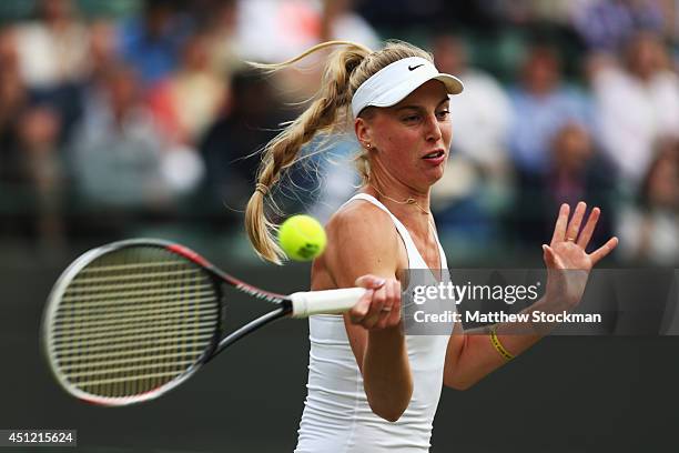 Naomi Broady of Great Britain in action during her defeat in her Ladies' Singles second round match against Caroline Wozniacki of Denmark on day...