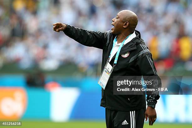 Head coach Stephen Keshi of Nigeria reacts during the 2014 FIFA World Cup Brazil Group F match between Nigeria and Argentina at Estadio Beira-Rio on...