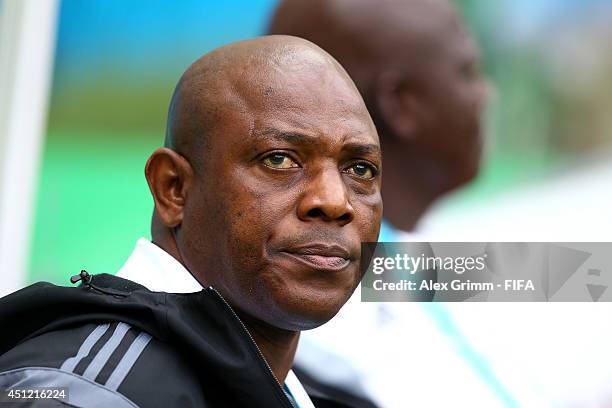 Head coach Stephen Keshi of Nigeria reacts during the 2014 FIFA World Cup Brazil Group F match between Nigeria and Argentina at Estadio Beira-Rio on...