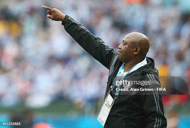 Head coach Stephen Keshi of Nigeria reacts during the 2014 FIFA World Cup Brazil Group F match between Nigeria and Argentina at Estadio Beira-Rio on...