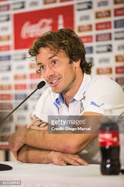 Diego Lugano of Uruguay speaks during a press conference at the Sehrs Natal Grand Hotel in Natal on June 25, 2014 in Natal, Brazil.