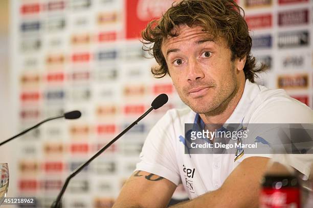 Diego Lugano of Uruguay looks on during a press conference at the Sehrs Natal Grand Hotel in Natal on June 25, 2014 in Natal, Brazil.