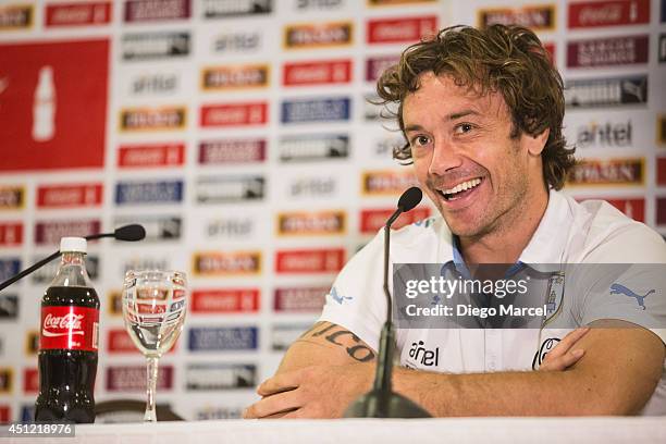 Diego Lugano of Uruguay gestures during a press conference at the Sehrs Natal Grand Hotel in Natal on June 25, 2014 in Natal, Brazil.