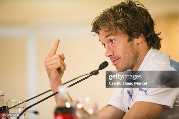 Diego Lugano of Uruguay gestures during a press conference at the Sehrs Natal Grand Hotel in Natal on June 25, 2014 in Natal, Brazil.