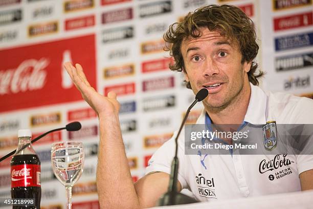 Diego Lugano of Uruguay gestures during a press conference at the Sehrs Natal Grand Hotel in Natal on June 25, 2014 in Natal, Brazil.