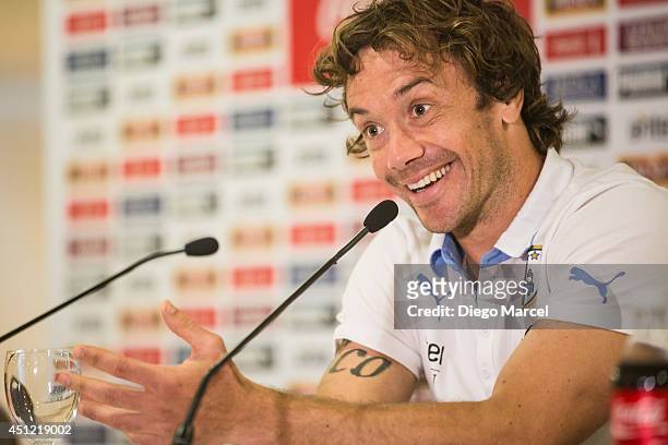 Diego Lugano of Uruguay speaks during a press conference at the Sehrs Natal Grand Hotel in Natal on June 25, 2014 in Natal, Brazil.
