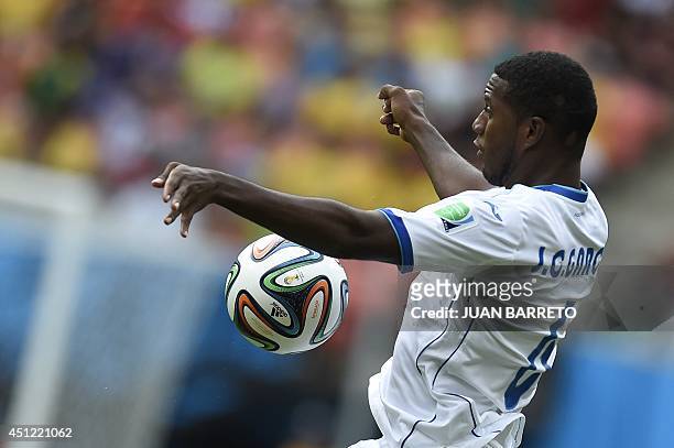 Honduras' defender Juan Carlos Garcia controls the ball during the Group E football match between Honduras and Switzerland at the Amazonia Arena in...