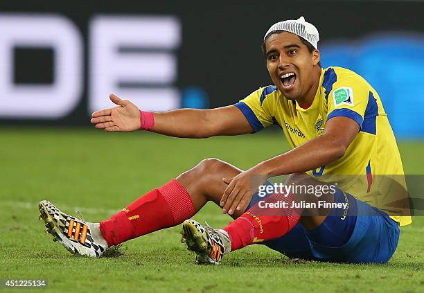 Christian Noboa of Ecuador reacts after a missed chance during the 2014 FIFA World Cup Brazil Group E match between Ecuador and France at Maracana on...