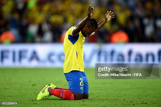 Gabriel Achilier of Ecuador reacts after the 0-0 draw in the 2014 FIFA World Cup Brazil Group E match between Ecuador and France at Maracana on June...
