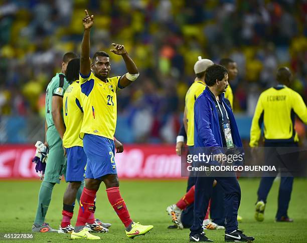 Ecuador's defender Gabriel Achilier reacts following a 0-0 draw during a Group E football match between Ecuador and France at the Maracana Stadium in...