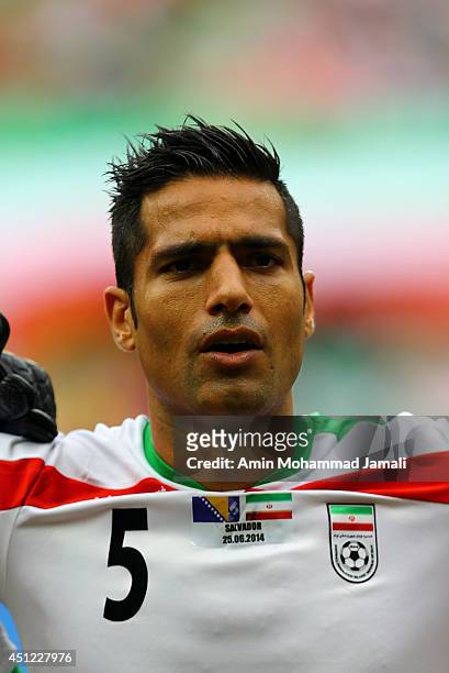 Amir Hossein Sadeghi of iran looks on during the 2014 FIFA World Cup Brazil Group F match between Bosnia and Herzegovina and Iran at Arena Fonte Nova...
