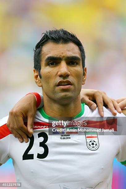 Mehrdad pooladi of iran looks on during the 2014 FIFA World Cup Brazil Group F match between Bosnia and Herzegovina and Iran at Arena Fonte Nova on...