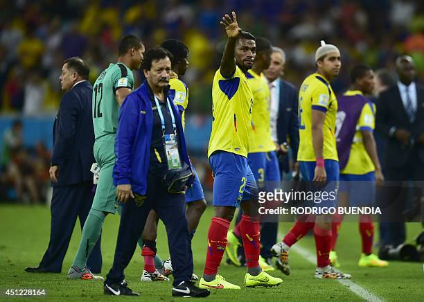 Ecuador's defender Gabriel Achilier reacts Noboa following a 0-0 draw during a Group E football match between Ecuador and France at the Maracana...