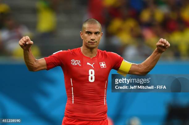 Gokhan Inler of Switzerland celebrates victory after the 2014 FIFA World Cup Brazil Group E match between Honduras and Switzerland at Arena Amazonia...