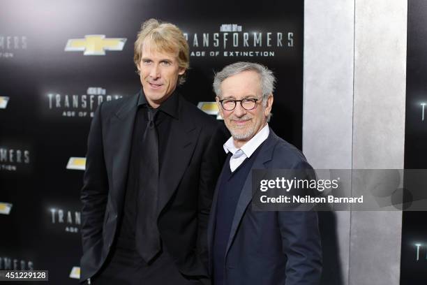 Director Michael Bay and producer Steven Spielberg attend the New York Premiere of "Transformers: Age Of Extinction" at the Ziegfeld Theatre on June...