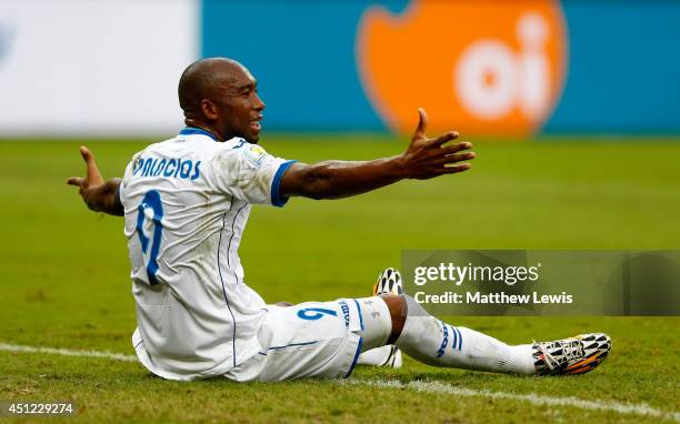 Jerry Palacios of Honduras reacts during the 2014 FIFA World Cup Brazil Group E match between Honduras and Switzerland at Arena Amazonia on June 25,...