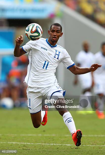 Jerry Bengtson of Honduras controls the ball during the 2014 FIFA World Cup Brazil Group E match between Honduras and Switzerland at Arena Amazonia...