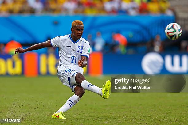 Brayan Beckeles of Honduras kicks the ball during the 2014 FIFA World Cup Brazil Group E match between Honduras and Switzerland at Arena Amazonia on...