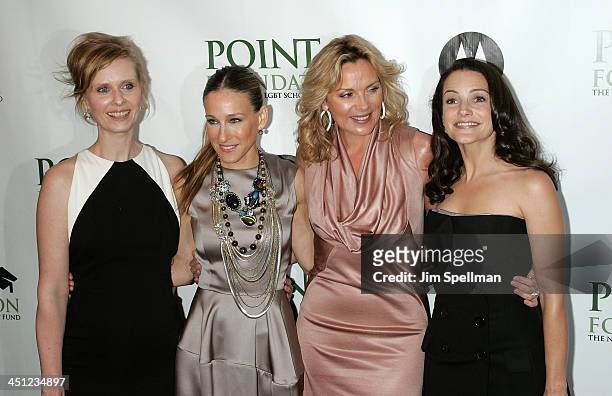 Actors Cynthia Nixon, Sarah Jessica Parker, Kim Cattrall and Kristin Davis arrive at Point Foundation Honors The Arts at Capitale on April 7, 2008 in...