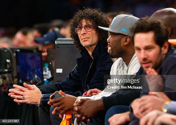 Radio personality Howard Stern attends an NBA game between the New York Knicks and the Milwaukee Bucks at Madison Square Garden on October 30, 2013...