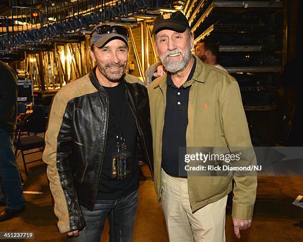 Lee Greenwood and Ray Stevens pose during rehearsals of Playin' Possum! The Final No Show Tribute To George Jones at Bridgestone Arena on November...