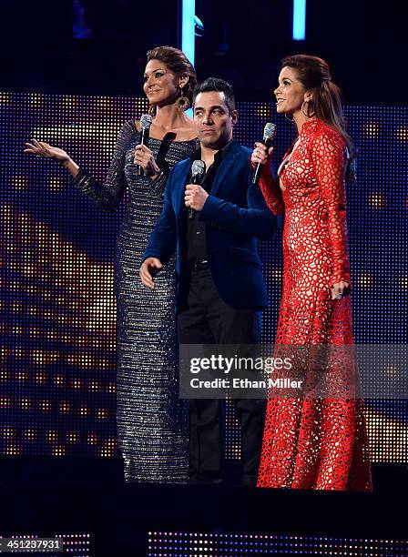 Hosts Blanca Soto, Omar Chaparro, and Lucero speak onstage during the 14th Annual Latin GRAMMY Awards held at the Mandalay Bay Events Center on...