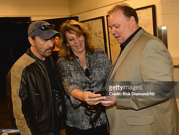 Lee Greenwood, Suzanne Skinner, and producer Kirt Webster backstage during rehearsals of Playin' Possum! The Final No Show Tribute To George Jones at...