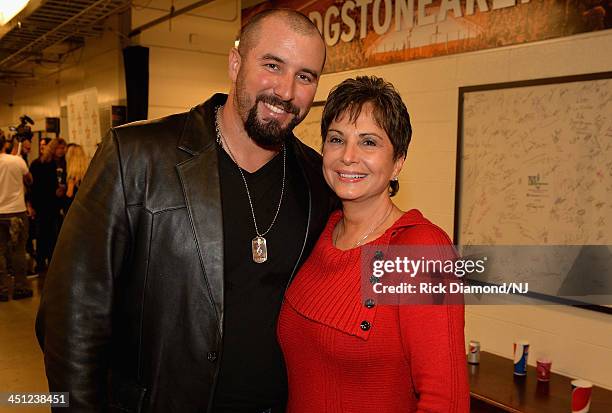 Eric Lee Beddingfield and Nancy Jones pose backstage during rehearsals of Playin' Possum! The Final No Show Tribute To George Jones at Bridgestone...