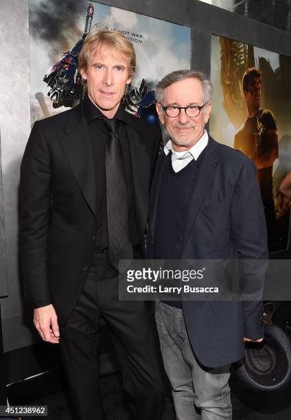 Director/executive producer Michael Bay and executive producer Steven Spielberg attend the New York Premiere of "Transformers: Age Of Extinction" at...
