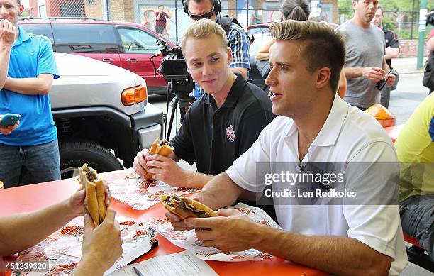 Draft Top Prospects Samuel Bennett and Aaron Ekblad enjoy lunch at Geno's Steaks on June 25, 2014 in Philadelphia, Pennsylvania.