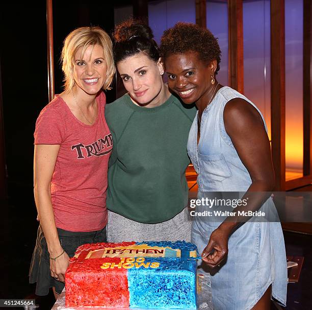 Jenn Colella, Idina Menzel and LaChanze and the ensemble cast attend the "If/Then" 100th performance celebration backstage at the Richard Rodgers...