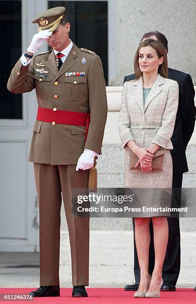 King Felipe VI of Spain and Queen Letizia of Spain receive Spain's Armed Forces and Guardia Civil during a military ceremony at the Royal Palace on...