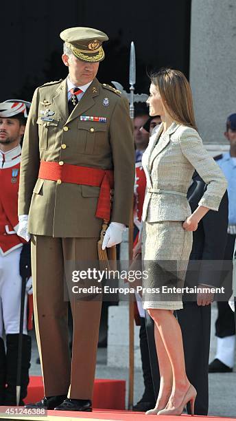 King Felipe VI of Spain and Queen Letizia of Spain receive Spain's Armed Forces and Guardia Civil during a military ceremony at the Royal Palace on...