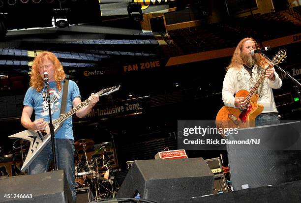 Dave Mustaine of Megadeth and Jamey Johnson perform during rehearsals of Playin' Possum! The Final No Show Tribute To George Jones at Bridgestone...