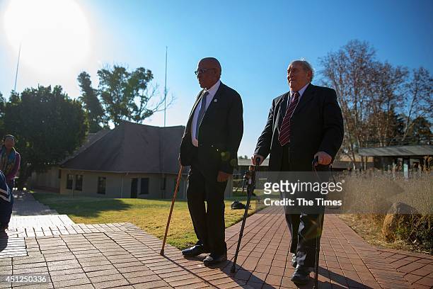Andrew Mlangeni and Denis Goldberg, two of the three surviving defendants in the Rivonia Trial, on June 10, 2014 at Liliesleaf farm outisde...