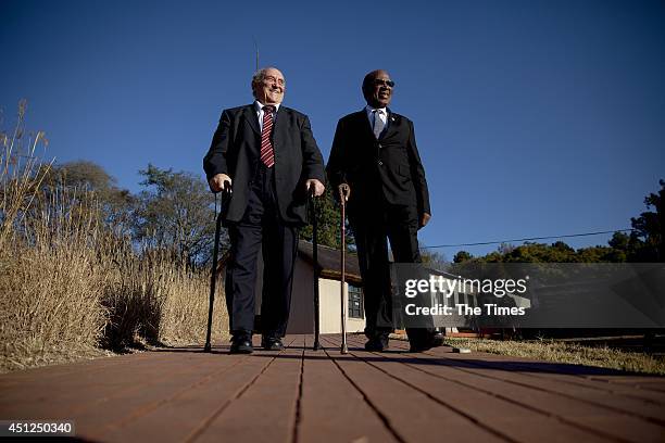 Andrew Mlangeni and Denis Goldberg, two of the three surviving defendants in the Rivonia Trial, on June 10, 2014 at Liliesleaf farm outisde...