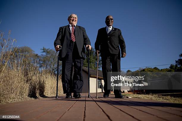 Andrew Mlangeni and Denis Goldberg, two of the three surviving defendants in the Rivonia Trial, on June 10, 2014 at Liliesleaf farm outisde...