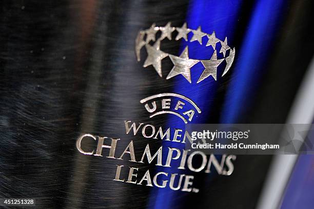 The Women's Champions League trophy is displayed prior to the UEFA 2014/15 Women's Champions League Qualifying Round draw at the UEFA headquarters,...