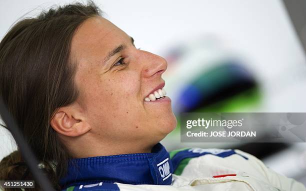 Sauber F1 Team's Swiss Formula One driver Simona de Silvestro smiles during private test at the Ricardo Tormo racetrack in Valencia on June 26, 2014....