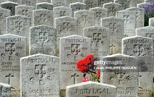 View of headstones at the Portuguese National Cemetery of Richebourg, which is the final resting place of 1,831 soldiers and the only place of...