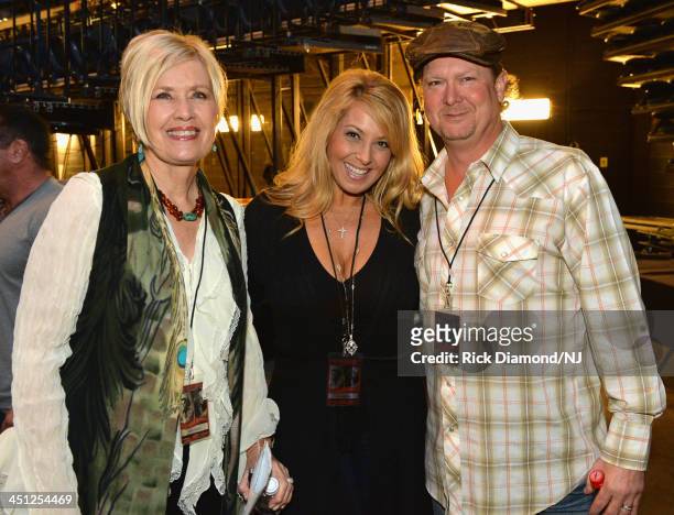 Janie Frickie, Lisa Matassa and Tracy Lawrence pose backstage during rehearsals of Playin' Possum! The Final No Show Tribute To George Jones at...