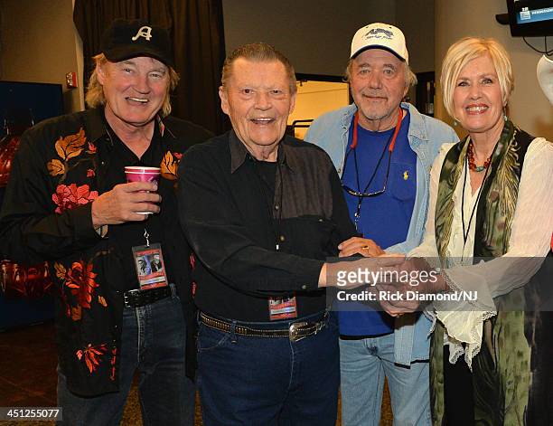 Eddy Raven, Stonewall Jackson, Bobby Bare and Janie Fricke pose backstage during rehearsals of Playin' Possum! The Final No Show Tribute To George...