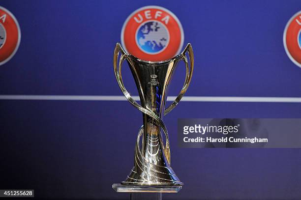 The Women's Champions League trophy is displayed prior to the UEFA 2014/15 Women's Champions League Qualifying Round draw at the UEFA headquarters,...