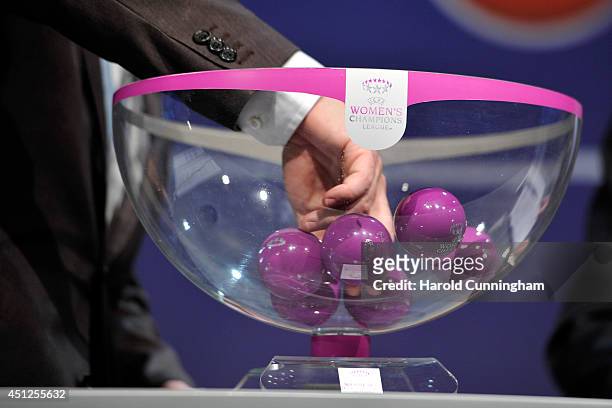 Draw balls are shuffled during the UEFA 2014/15 Women's Champions League Qualifying Round draw at the UEFA headquarters, The House of European...