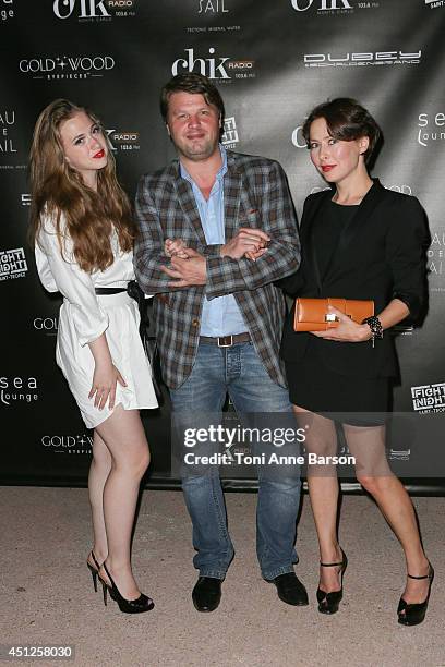 Russian Actress & Producer Agata Gotova poses with actress Anna Klimkina and producer Boris Grif during the Chik Party at the Sea Lounge Beach Club...